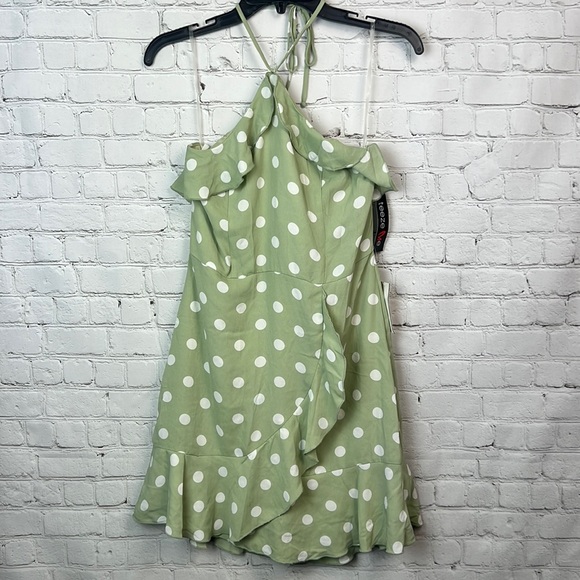 Teeze Me Sage Green & White Polka Dot Ruffle Halter Dress Juniors Size 9/10 & 13 - Picture 2 of 7